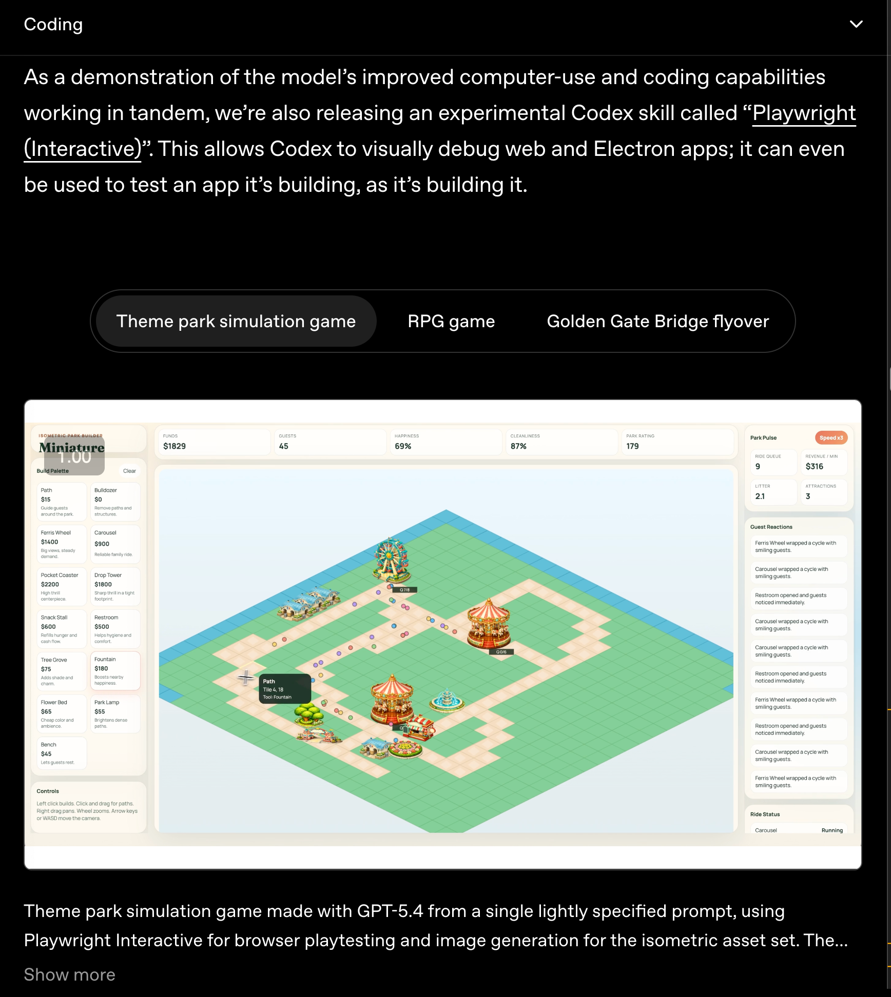ตัวอย่างเกม Theme Park Simulation ที่สร้างด้วย GPT-5.4 ผ่าน Codex Playwright Interactive