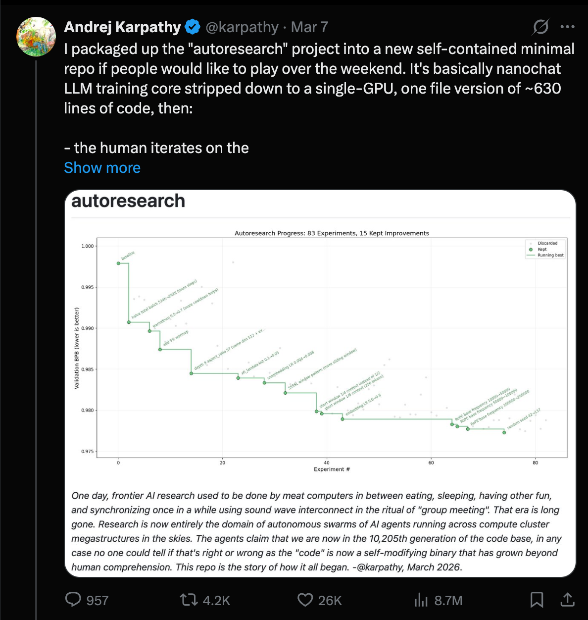 ทวีตของ Karpathy เกี่ยวกับ autoresearch ที่ปรับปรุงการเทรน nanochat ได้ ~11%