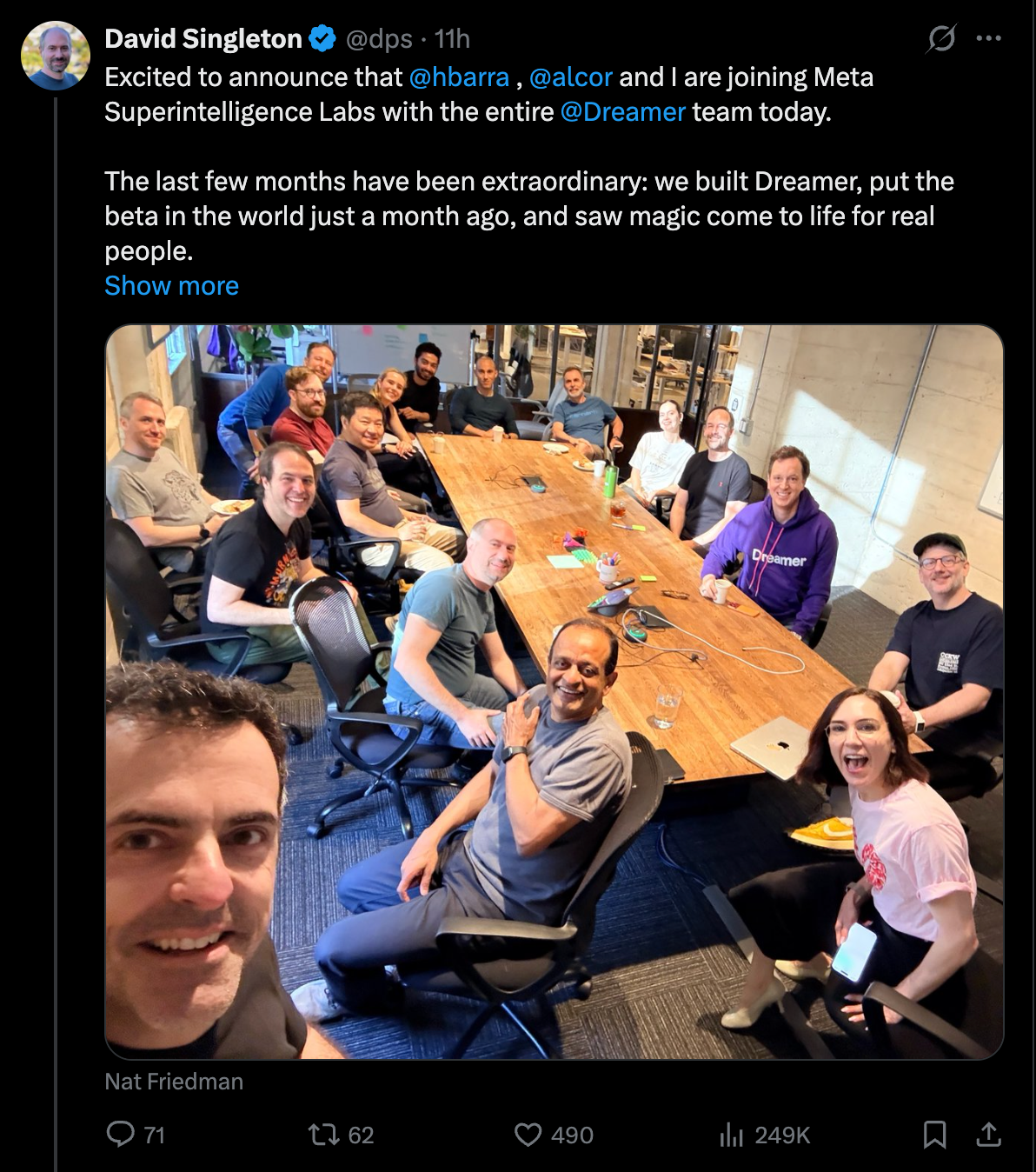 ทีม Dreamer ร่วมกับ Nat Friedman ที่ Meta Superintelligence Labs หลังปิดดีล execuhire